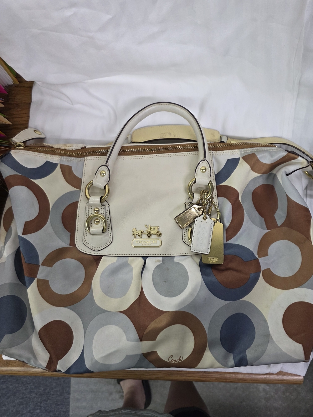 Coach Circle-Print Canvas Tote with Cream Leather Trim